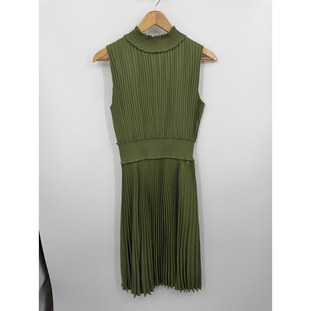 Nanette Lepore Pleated Midi Dress Women 10 Olive Green Smocked Mock Neck Ruffle